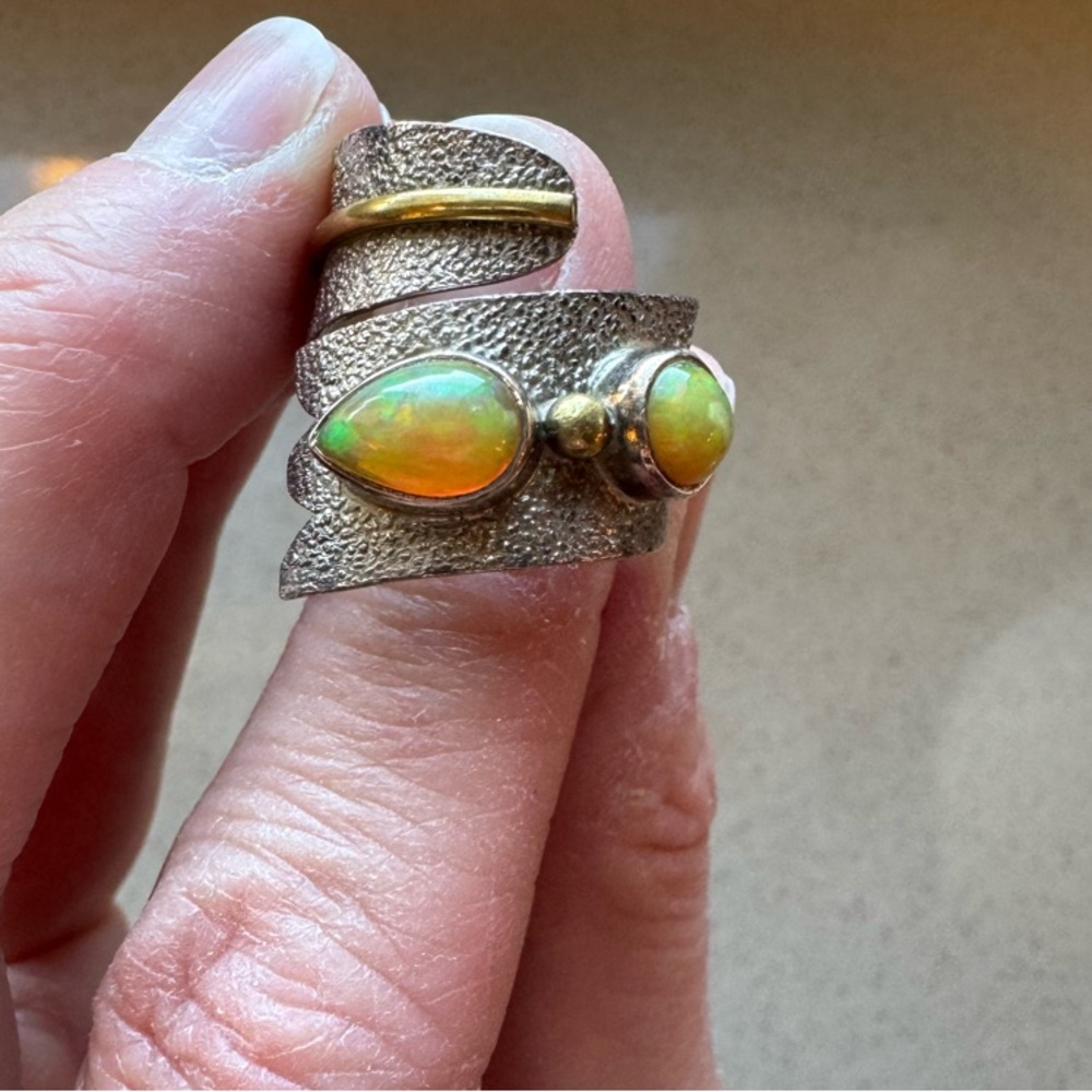 Gold and Silver Spiral Ring with Amber and Emerald